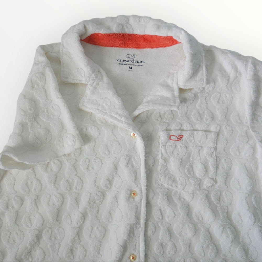 Vineyard Vines Girls‎ Terry Towel Shirt White Cap Whale Pattern Button Down M